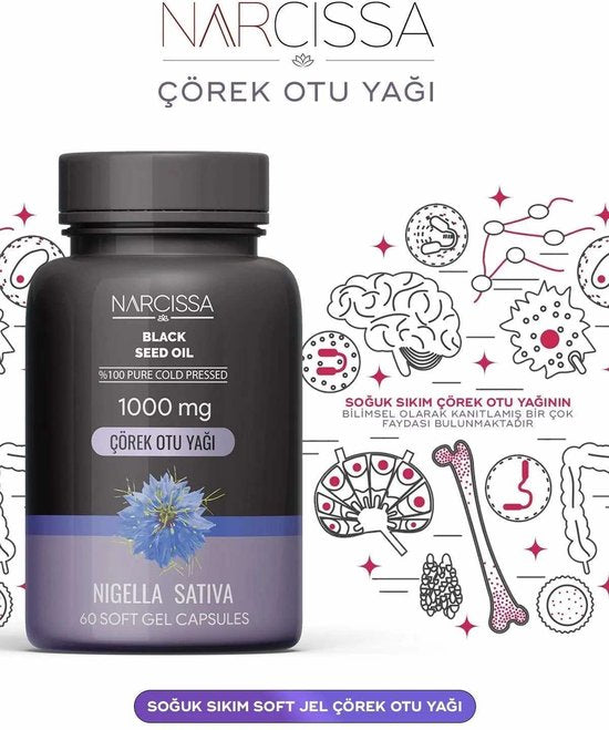 NARCISSA Pure Koudgeperste Zwarte Komijn Olie Capsules - 1000 mg 60 gel capsules