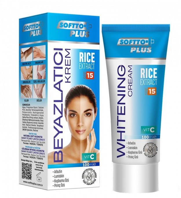 Softto Plus - Beyazlatıcı Pirinç Özlü Vücut Kremi 100 (ml.) | Cilt beyazlatma için | Beyazlatıcı Krem | A Vitamini + B1/B2 + C + E | Kuşburnu | Kusurlar Giderildi | Hassas Cilt | Çok Etkili | Güneş Koruma Faktörü - 15 |