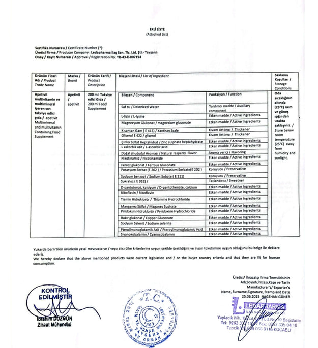 Ledapharma Apetivit Siroop | Eetlust Stimulerend Supplement | Multivitaminen & Mineralen | 200 ml | Voor Kinderen & Volwassenen