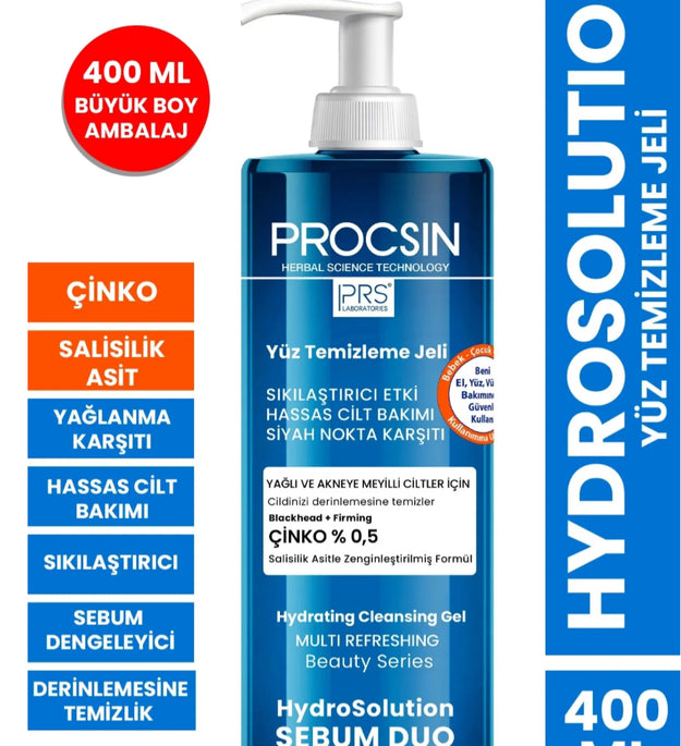 PROCSIN Hydrosolution Akne Karşıtı Yağ Dengeleyici Yüz Temizleme Jeli 400 ML – Anti-Acne, Olie Control & Diepe Reiniging