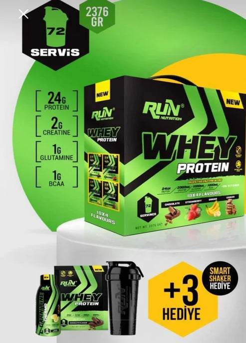 Run Nutrition - 72 Poşet Whey Protein - 4 Çeşit | HELAL | 72 Torba x 33GR | Spor çantanız için mükemmel! Daha Kaliteli Spor Beslenmesi | Ekstra Sindirim Enzimi eklendi + Kinoa
