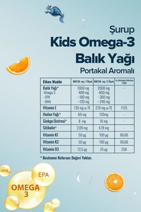 Zühre Ana - Kids Omega 3 Balık Yağı Şurubu 150 (ml.)| Vitamin katkılı ve portakallı