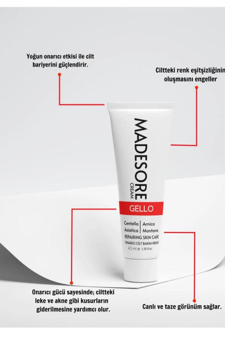 Madesore Gello Centella(1%) ve Arnica Montana - Cilt Onarımı | Cilt Onarıcı | Sıkılaştırma | Şifa | Yenilikçi | Nemlendirici | Pigmentasyon Restorasyonu | Tuhaf Cilt Tonlarına ve Yaralara, İzlere Karşı