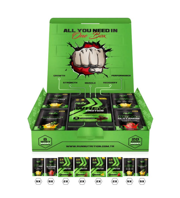 Run Nutrition - Özel karışım Poşet kutu 28 porsiyon | 8 Whey Protein Poşeti - 20 Amino Asit Poşeti