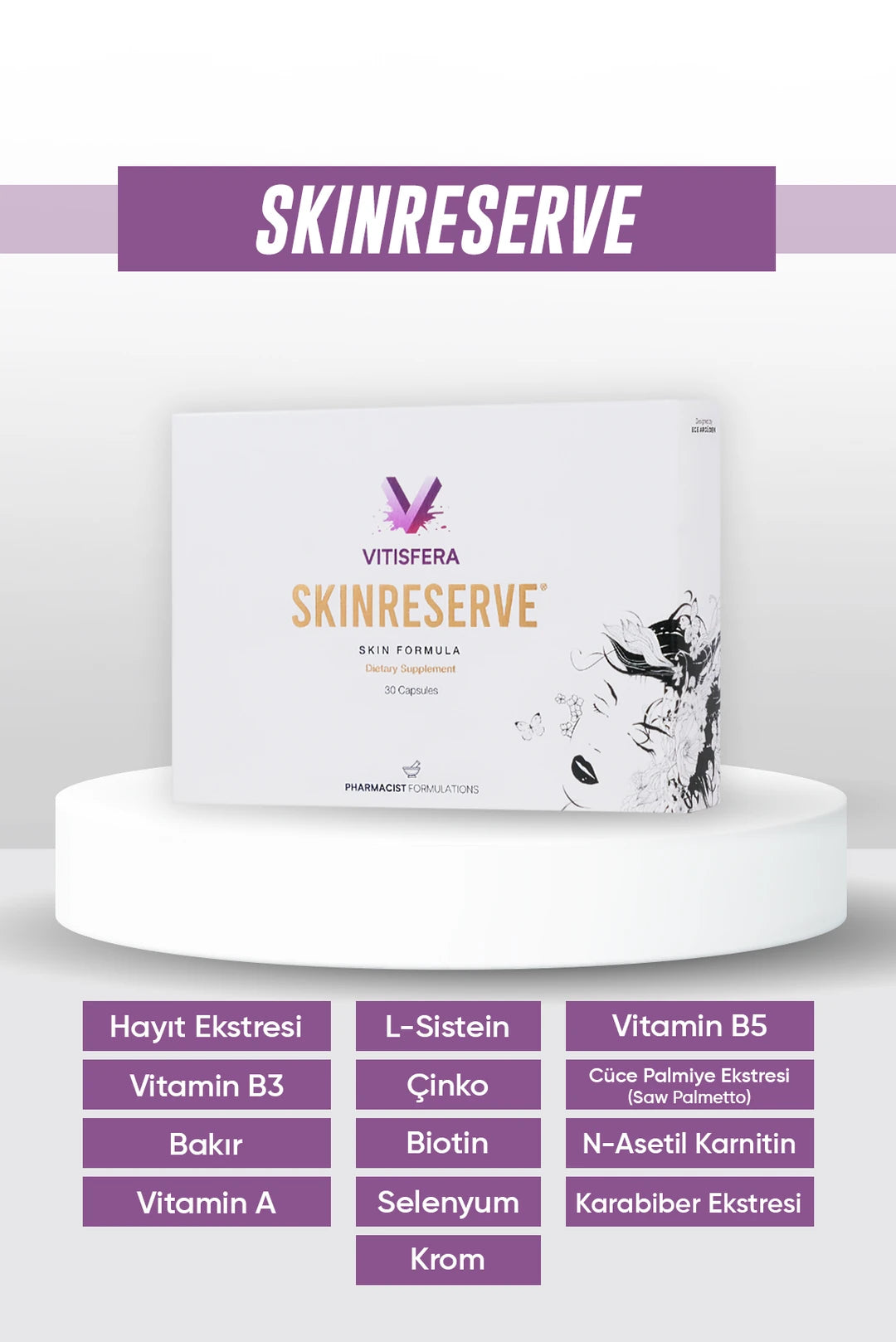 Vitisfera SkinReserve – Anti-Aging Formula met Biotine, Vitamine A, Zink & Saw Palmetto – High Effective Research-Based Skin Supplement – 30 Capsules