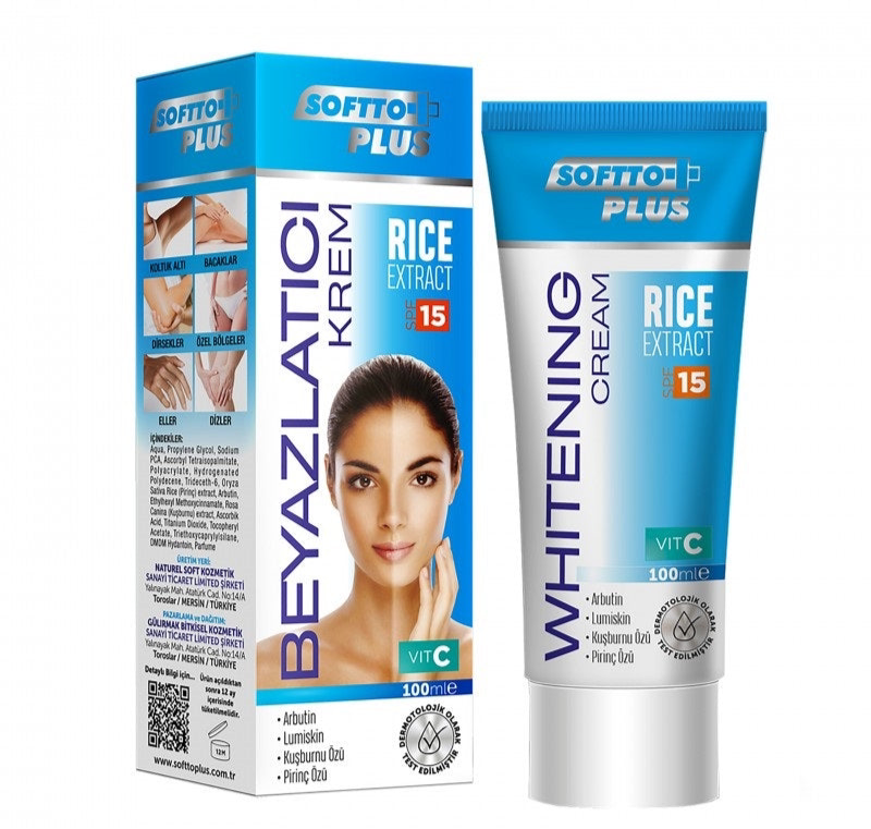 Softto Plus - Beyazlatıcı Pirinç Özlü Vücut Kremi 100 (ml.) | Cilt beyazlatma için | Beyazlatıcı Krem | A Vitamini + B1/B2 + C + E | Kuşburnu | Kusurlar Giderildi | Hassas Cilt | Çok Etkili | Güneş Koruma Faktörü - 15 |