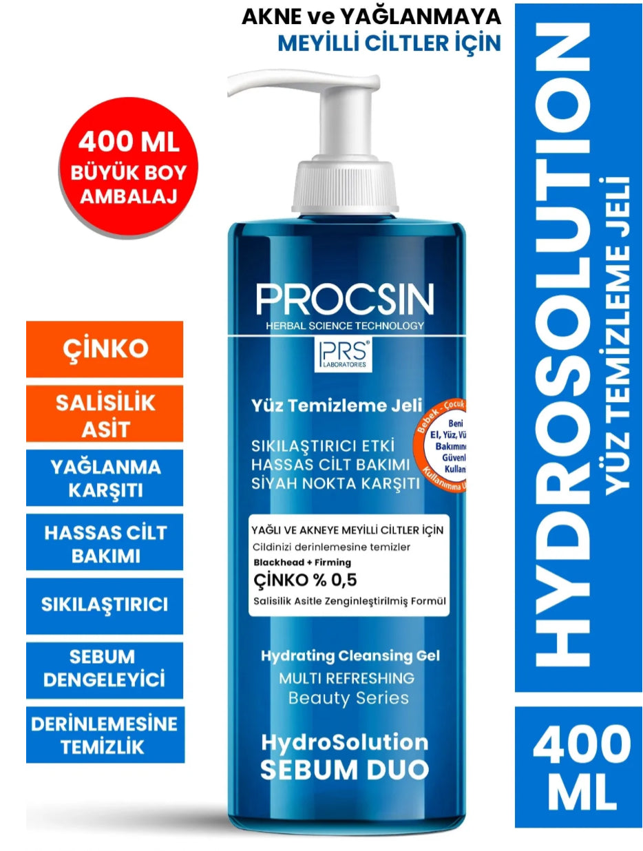 PROCSIN Hydrosolution Akne Karşıtı Yağ Dengeleyici Yüz Temizleme Jeli 400 ML – Anti-Acne, Olie Control & Diepe Reiniging