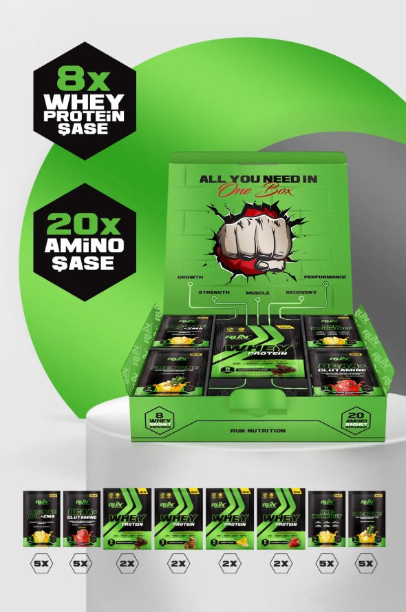 Run Nutrition - Özel karışım Poşet kutu 28 porsiyon | 8 Whey Protein Poşeti - 20 Amino Asit Poşeti