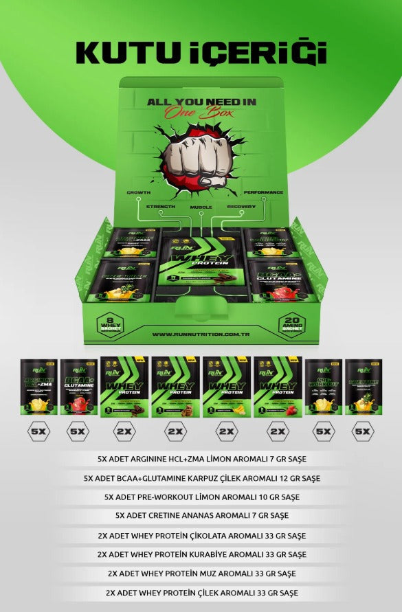 Run Nutrition - Özel karışım Poşet kutu 28 porsiyon | 8 Whey Protein Poşeti - 20 Amino Asit Poşeti