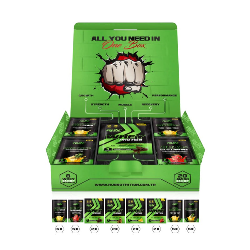 Run Nutrition - Özel karışım Poşet kutu 28 porsiyon | 8 Whey Protein Poşeti - 20 Amino Asit Poşeti
